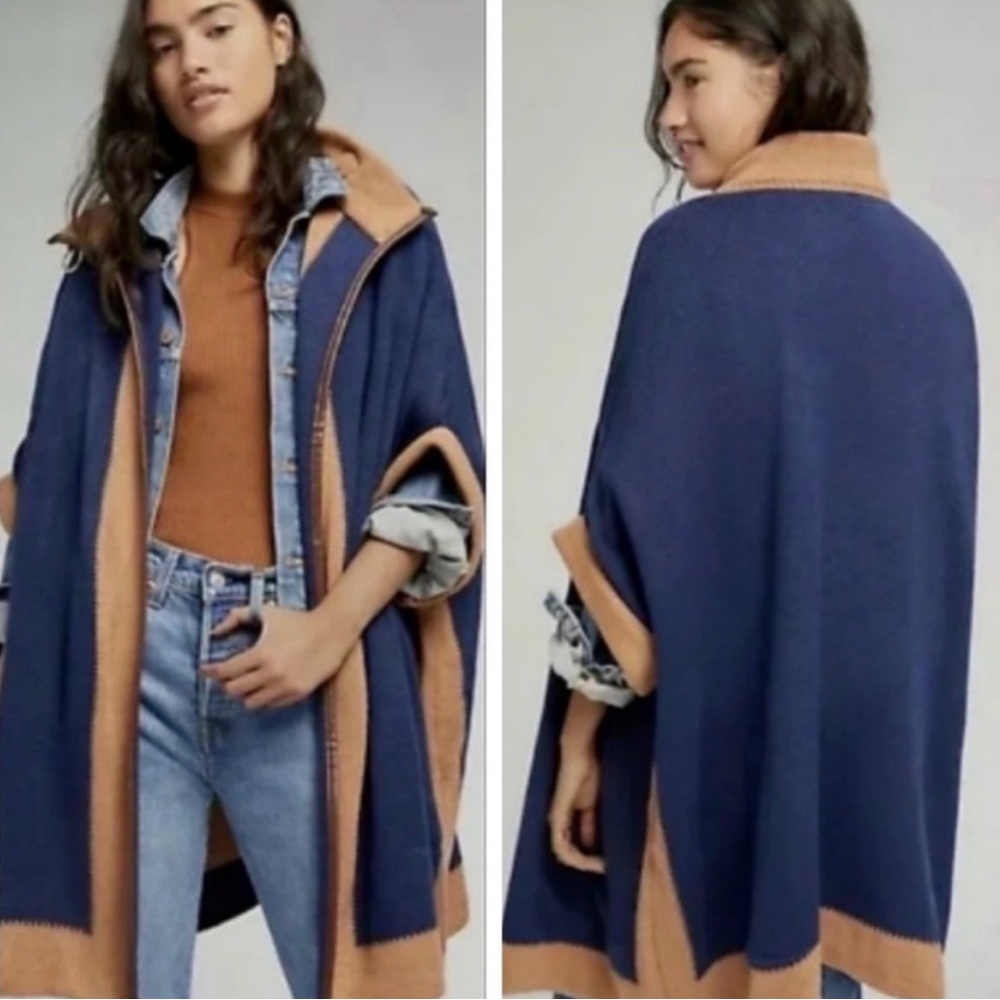 Anthropologie Akemi+Kin Shiloh Cape in Navy and Brown Knit.